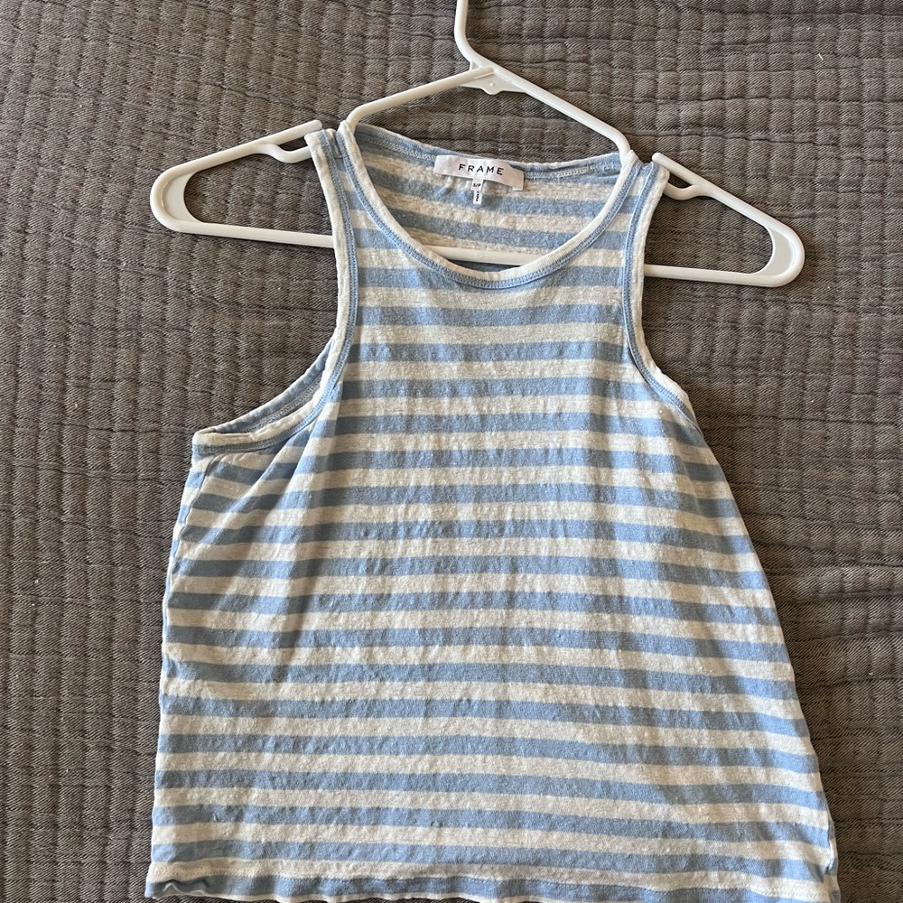 FRAME Blue and White Striped Tank Top